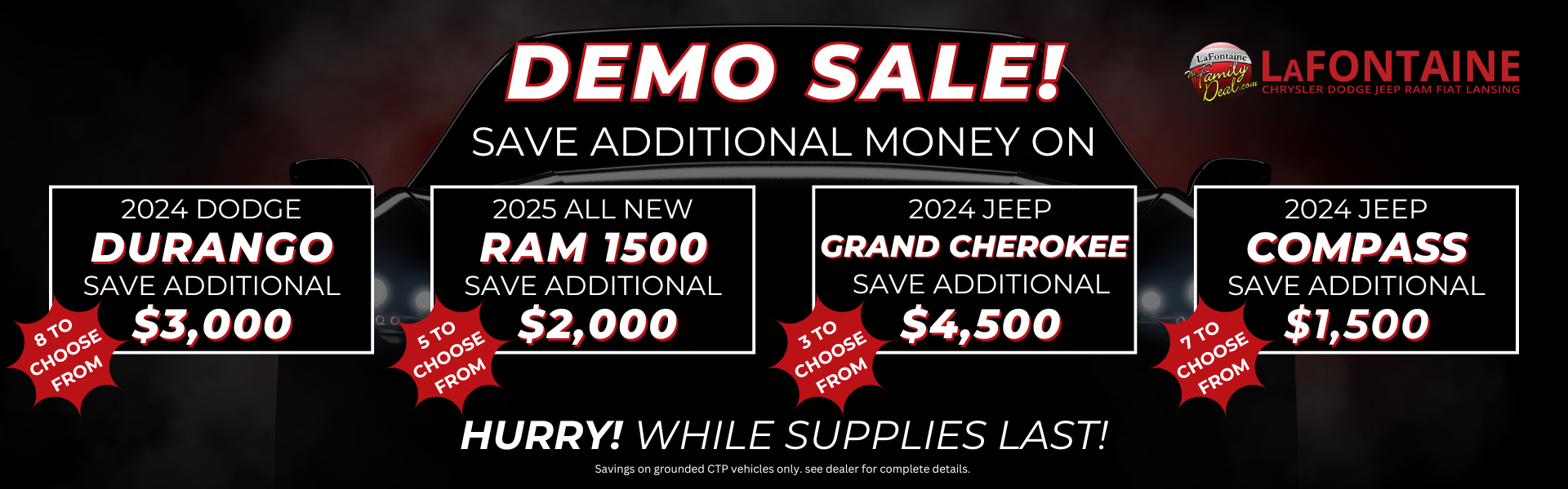 Demo sale at LaFontaine Chrysler Dodge Jeep RAM FIAT Lansing in Lansing, MI
