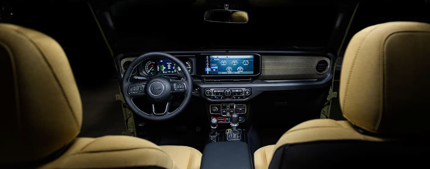 Front seating and dashboard in a 2026 Jeep Wrangler